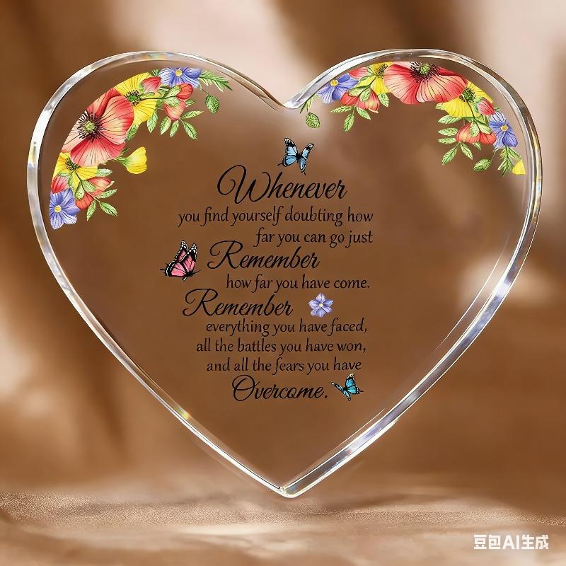 2D Flat, Heart-Shaped Acrylic Desktop Decoration, Butterfly & Flower Design, Home Decor Plaque Hanging Wall Art Decorative Garden Decoration for Room