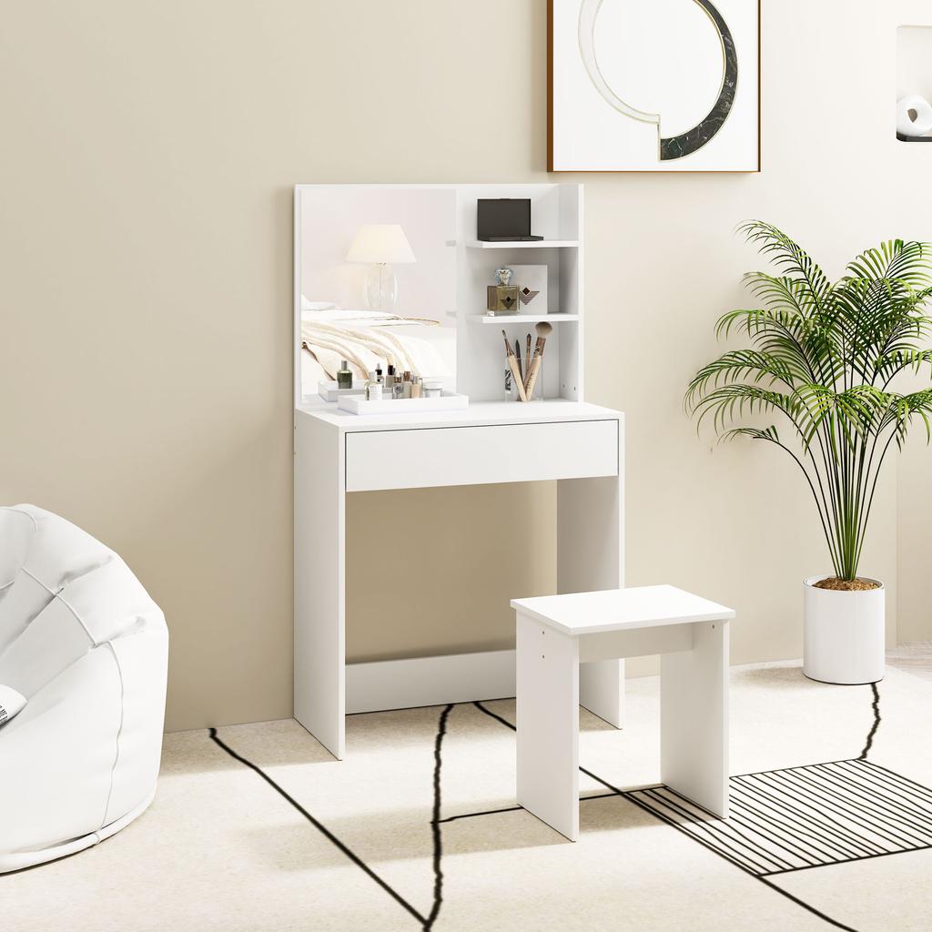 Toeletta con 3 Ripiani e Cassetti, Specchio e Sgabello, in Truciolato, 75x40x137 cm, Bianco