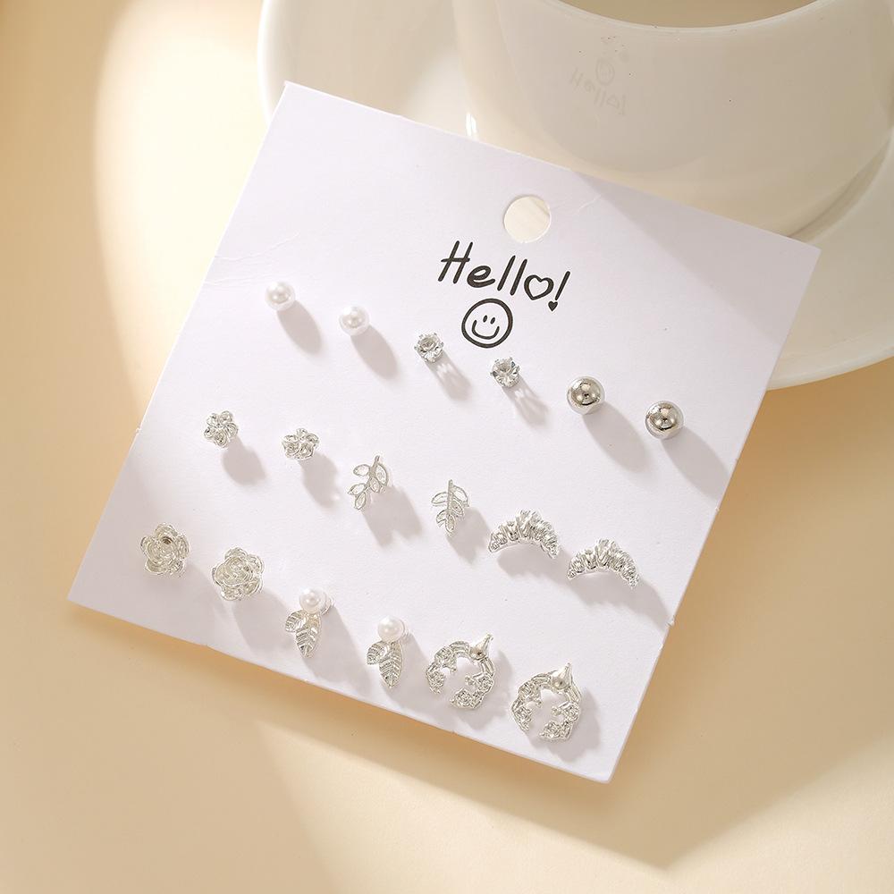 Premium 9-Pair Stud Earring Set Daily Princess Style Heart Flower Alloy Earrings for Women Ships within 18 Hours