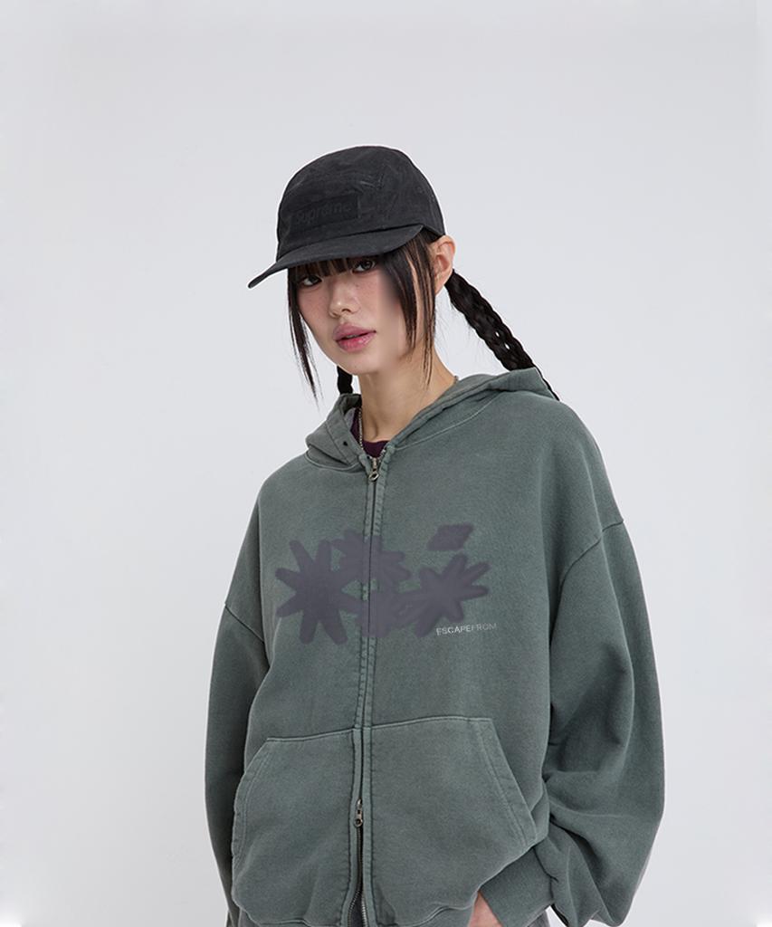 Escapefrom Flare Sun Logo Print Two-Way Pigment Zip-Up Hoodie Khaki