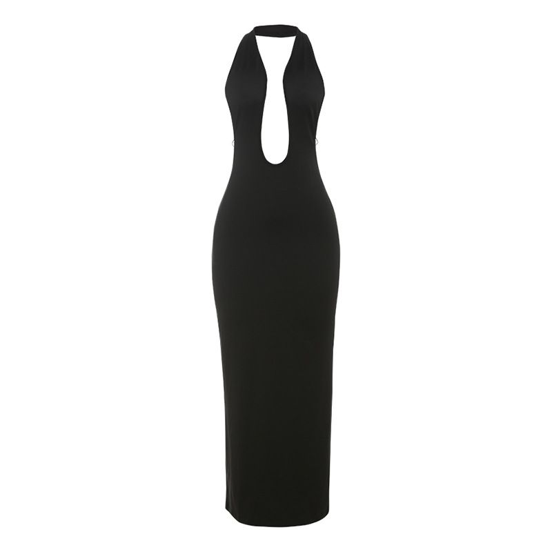 

Fashion Style 2025 Spring/Summer New Arrival Women s Clothing Elegant Sexy Deep V Neck Halter Backless Pure Color Silm Dress Women Black L
