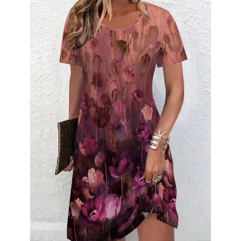 Women's Summer Abstract Print Dress O- Neck Short Sleeve Ideal Vacation Outfits Women Flowy Dress Summer Y2k Ladies Clothes