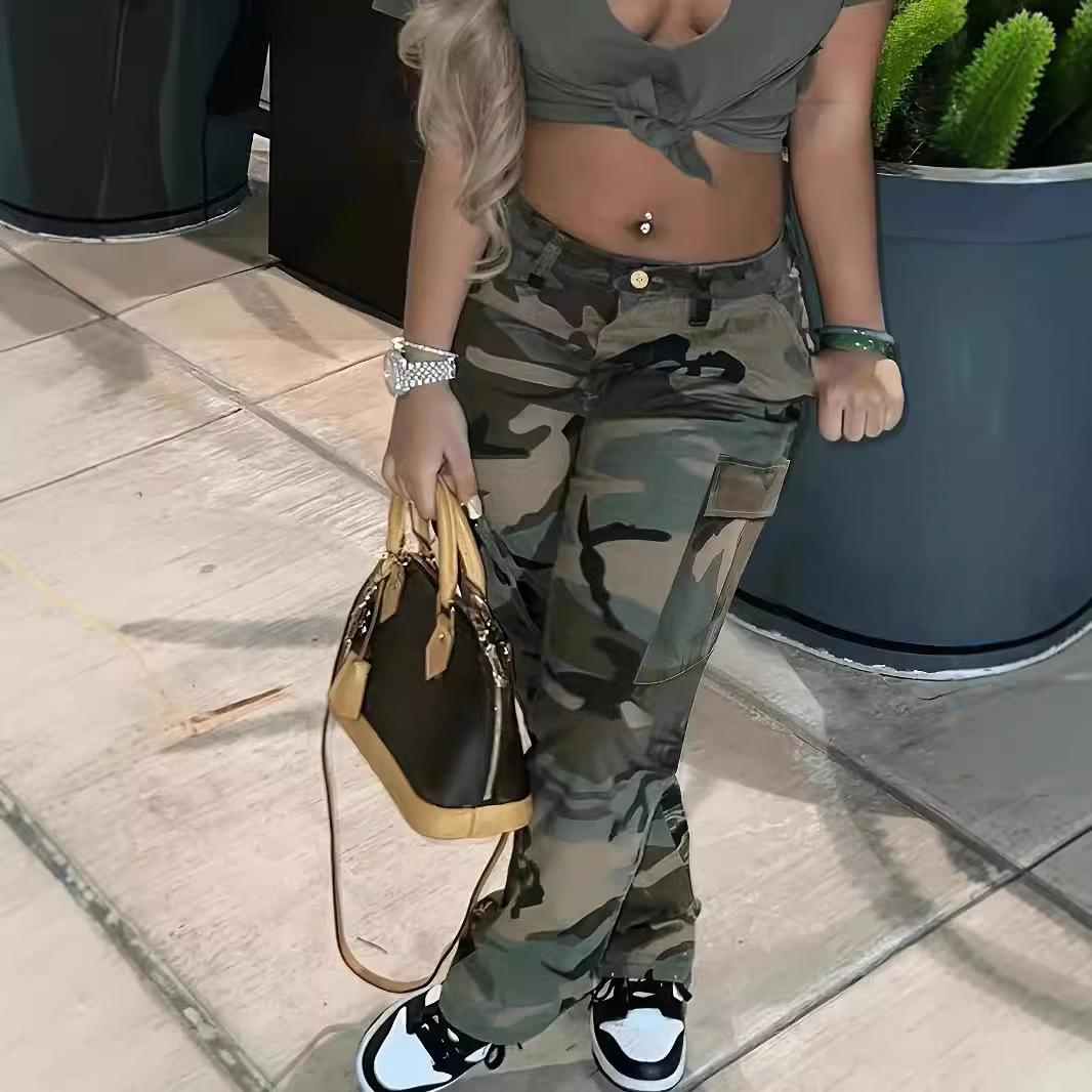 2026 Amazon women s new street personality fashion camouflage printing multi-pocket versatile overalls trousers S камуфляжный