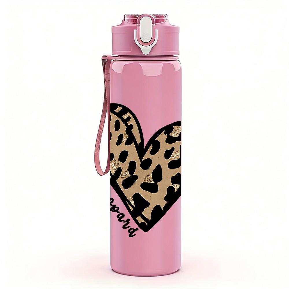 1PC Leopard Heart Pattern Print 750ml Color Plastic Sports Water Bottle Leakproof Flip Straw Lid Suitable for Sports Office Home Use