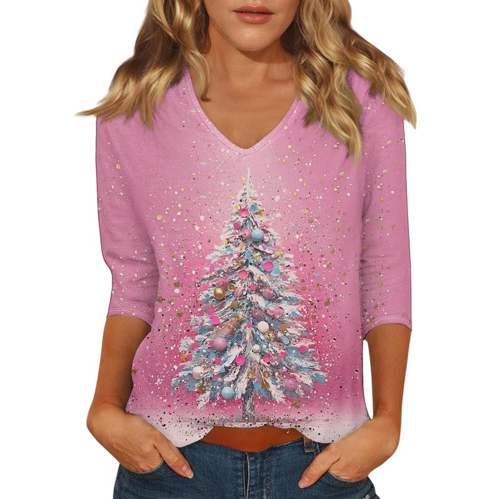 Women's Casual Fashionable Sexy Comfortable V-Neck Christmas Three-Quarter Sleeve Top