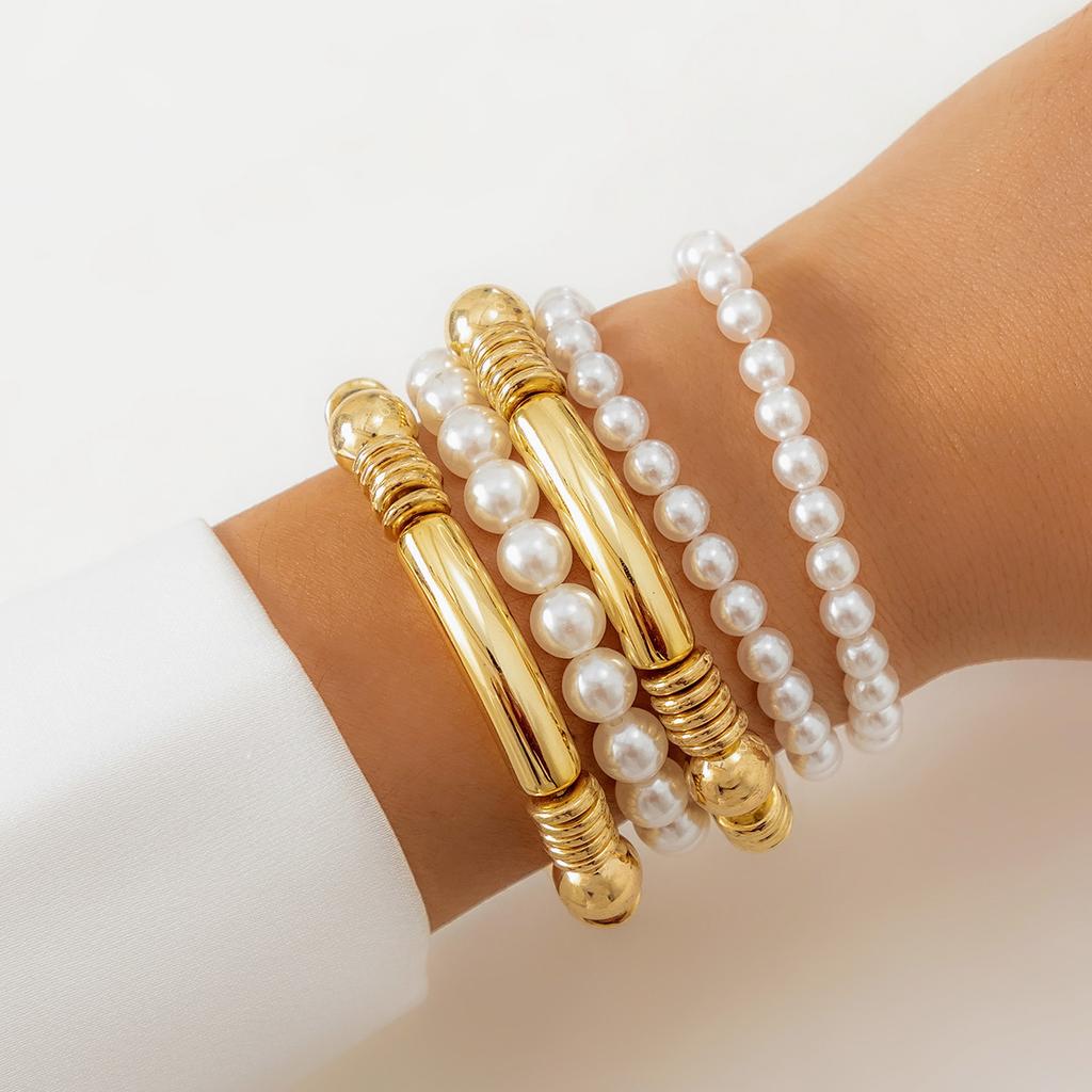ins simple bow beaded bracelet set, versatile stacked pearl exaggerated multi-layer hand jewelry