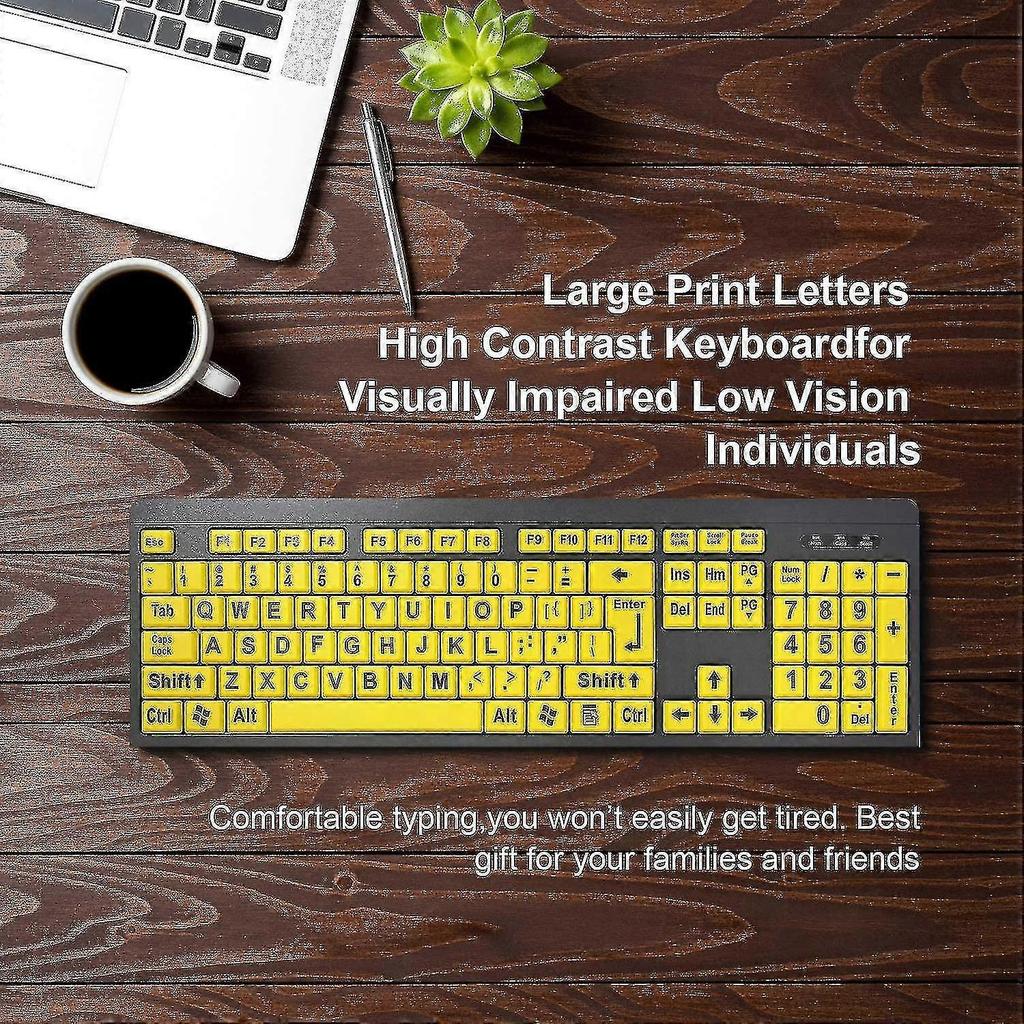 Large Print Computer Keyboard, Wired Usb High Contrast Keyboard With Oversized Print Letters For Visually Impaired Low Vision Individuals (yellow+blac