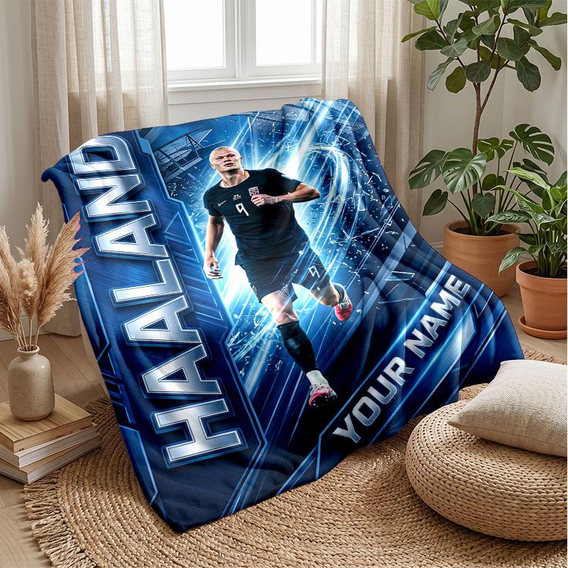 Erling Haaland Custom Name Text Flannel Blanket Soccer Logo Personalized Fleece Throw Blanket Special Gift For Sofa Bedroom Home