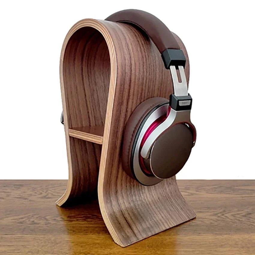 Headset Stand for Office Desk Gaming Headphone Display Holder Hanger Wooden Walnut with Cellphone Holder, 10cm/ 12cm Width