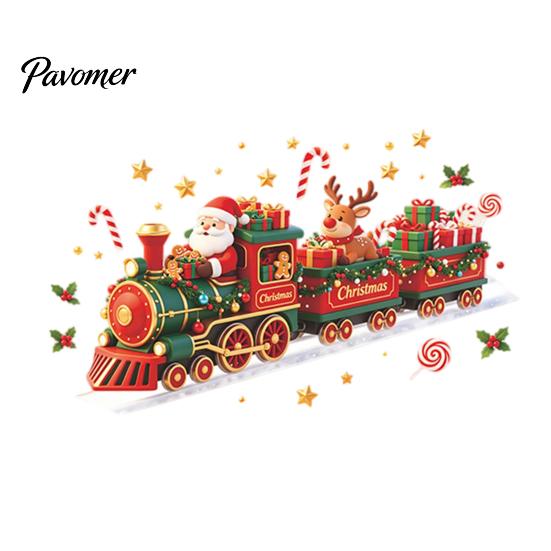 Kids Room Christmas Ornament Train Wall Sticker, Santa Claus Reindeer Decals, Self Adhesive Waterproof Glass Stickers Murals, Removable PVC Art Decor