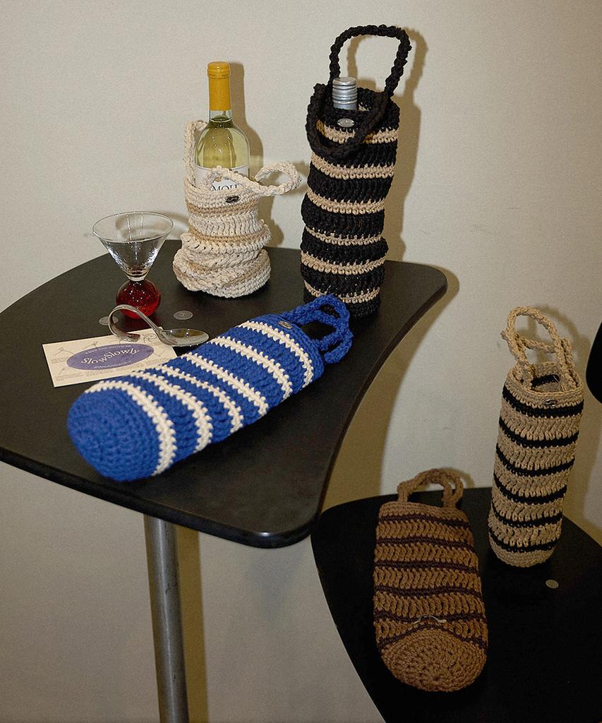 Slowslowly Moroccan Handmade Crochet Stripe Wine Bag _ Black