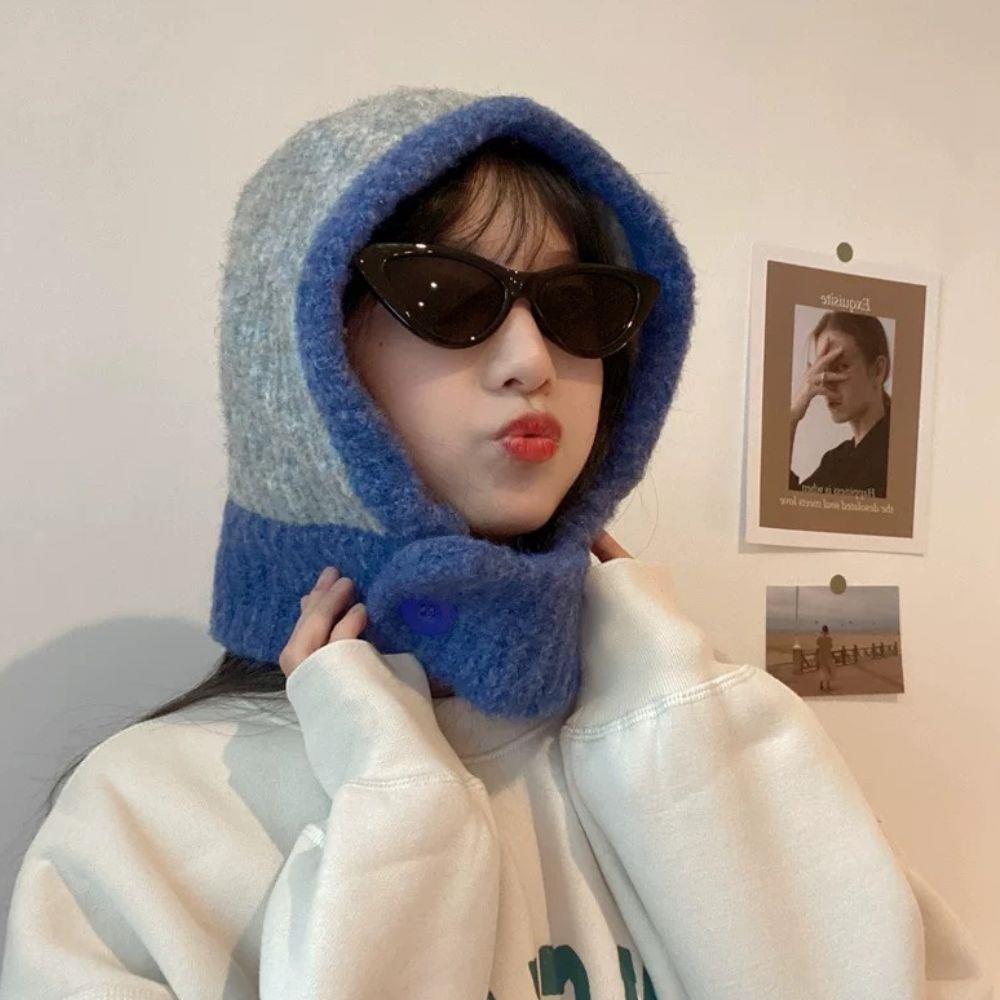 New Women Knitted Hat Balaclava Women‘s Winter Hood Warm Anti-Pilling Neck Collar Beanies CapLadies Windproof Earflaps Scarf Hat