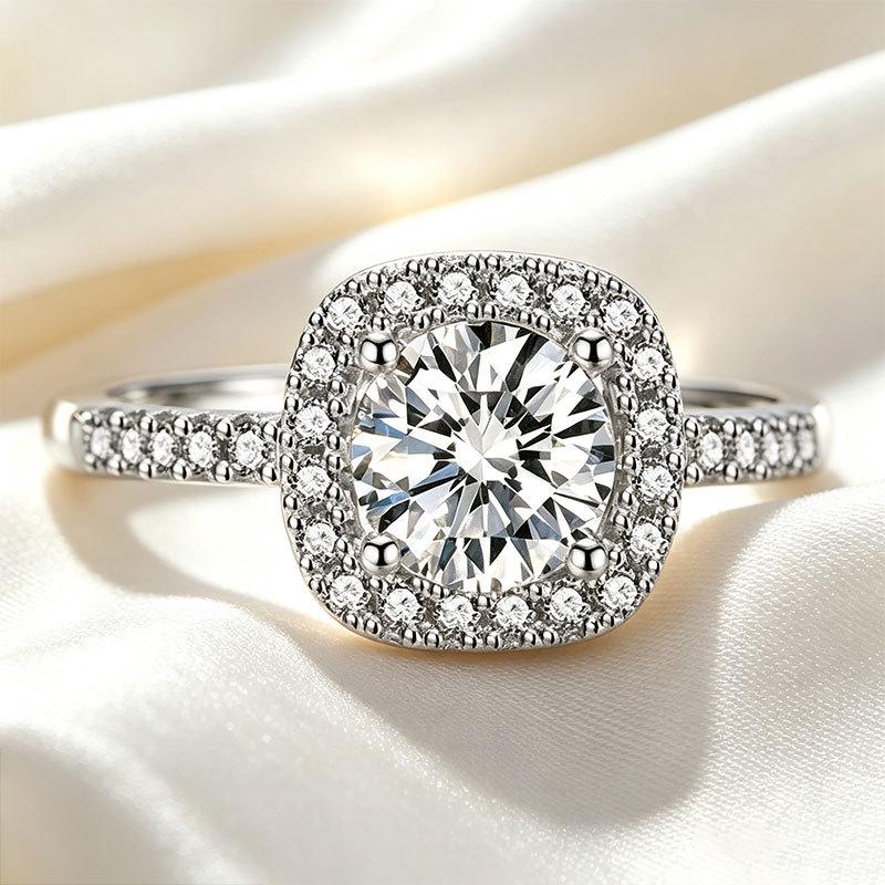Women's S925 Sterling Silver Square Paved Cushion Shape Double Row Diamond Engagement Ring