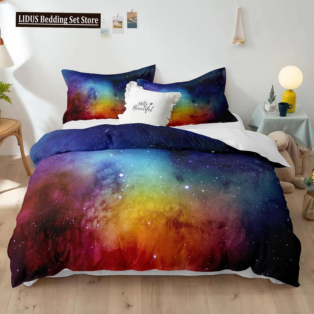 Starry Sky Polyester Duvet Cover Set King Size White Star Colourful Galaxy Starry Space Nebula Abstract Cosmos For Boy Girl Kids