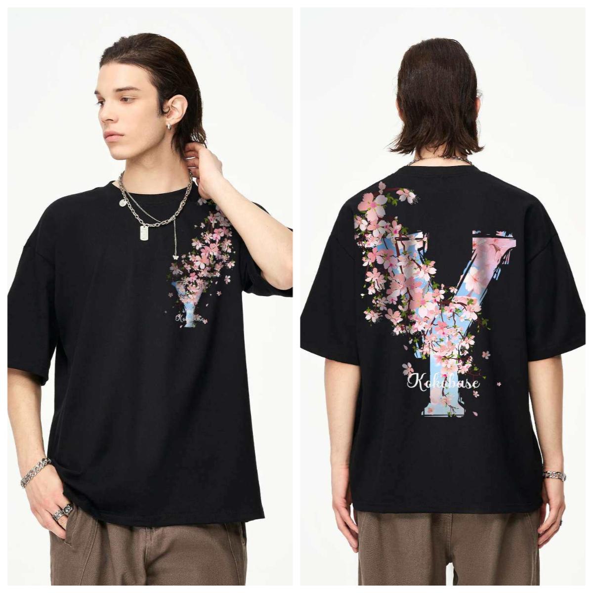 

Streethanddrawn Cherry Blossom Colorcoordinated Brand Letter Loose Print Unisexs and Womens Samestyle Shortsleeved Tshirt XL