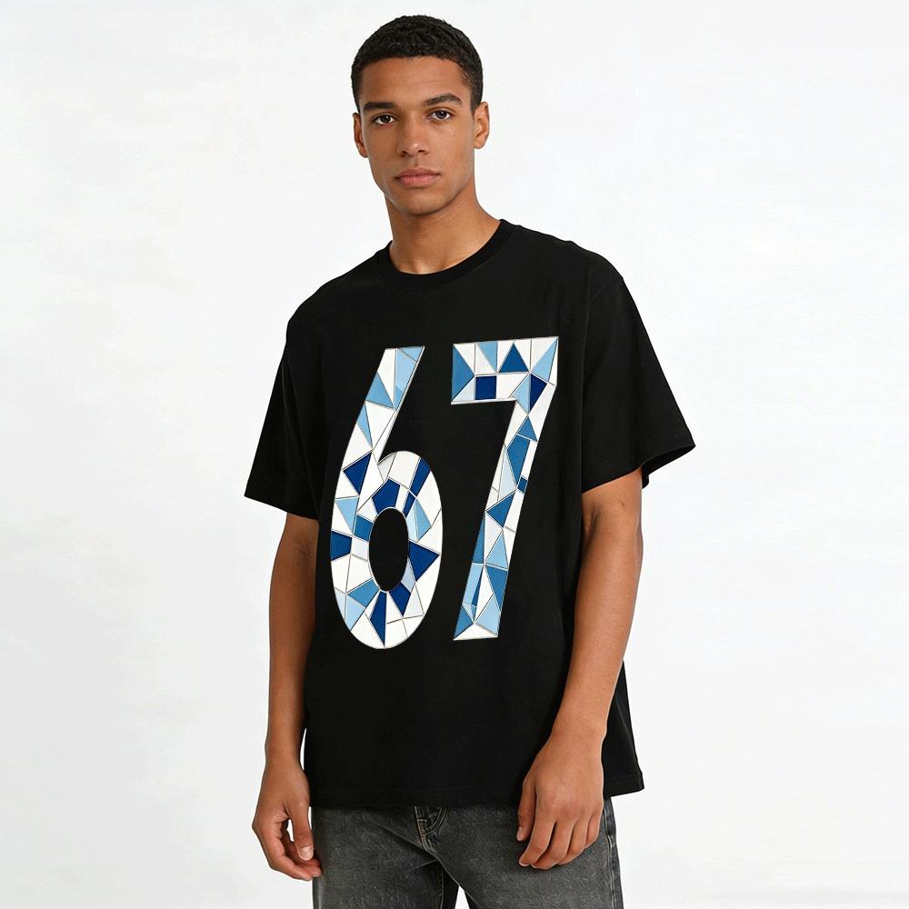 Blue White Mosaic Number 67 Print Casual Top Pure Cotton T-shirt
