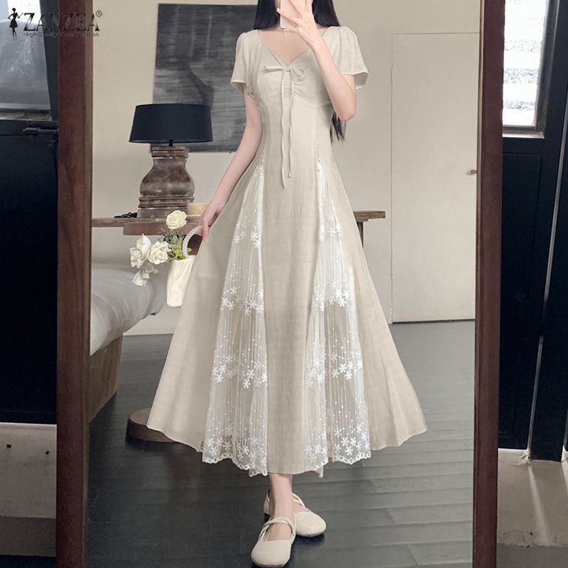ZANZEA Women Elegant V-Neck Short Sleeve Casual Lace Splice Long Dress