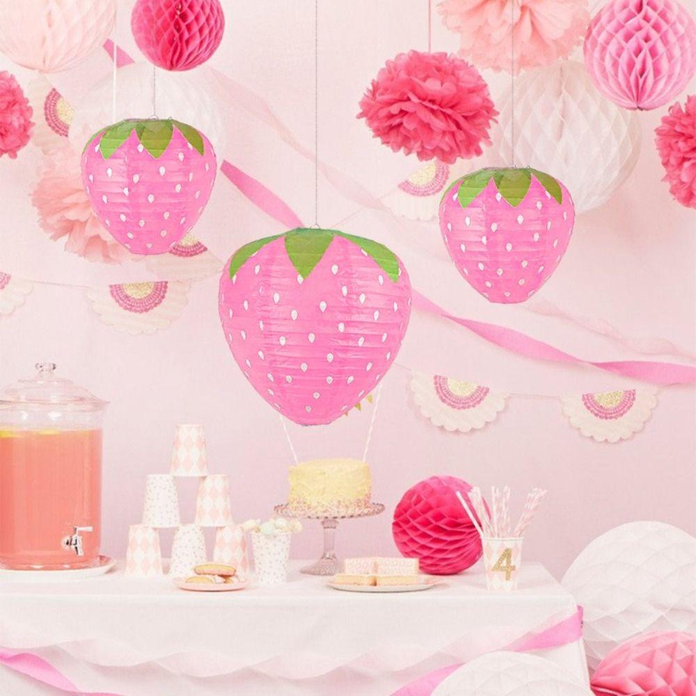 Handheld Paper Lantern 3D Pink Hanging Lantern Ball Strawberry Lantern  DIY Kindergarten