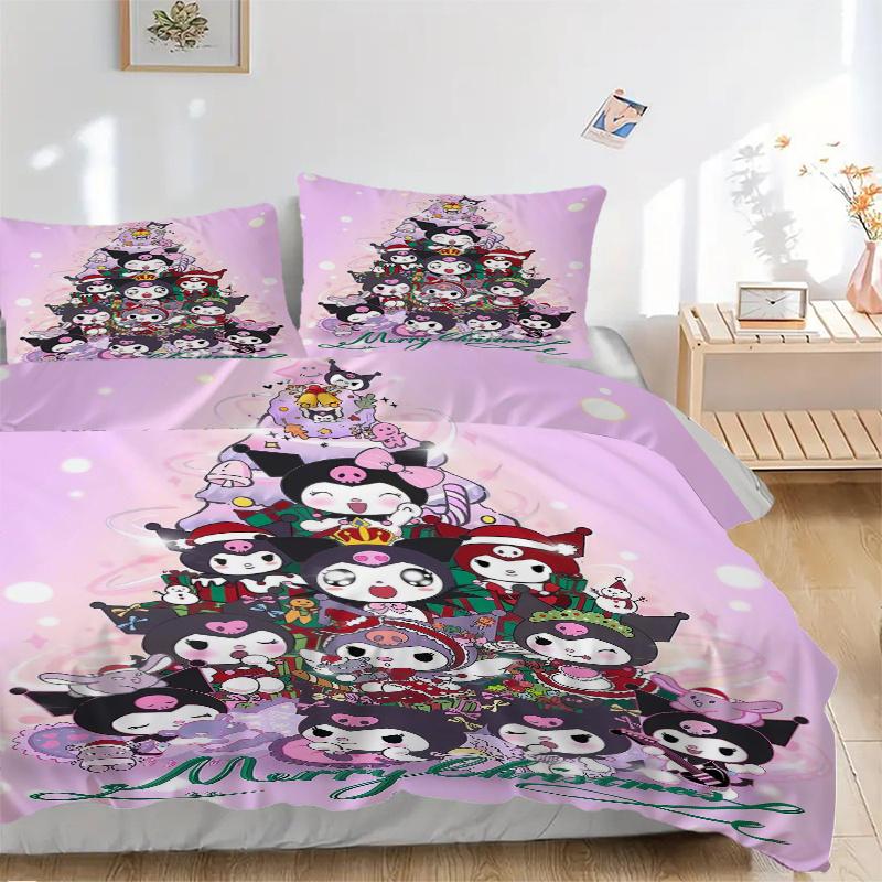 

3 шт. Набор постельного белья «С Рождеством» с милыми персонажами Sanrio: 1 мягкое пододеяльник + 2 наволочки, Машинная стирка, Подходит для всех сезонов 135x200cm