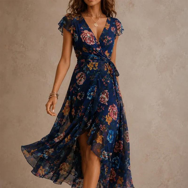European and American New V-neck Dress Cardigan Irregular D Digital Printing Dress