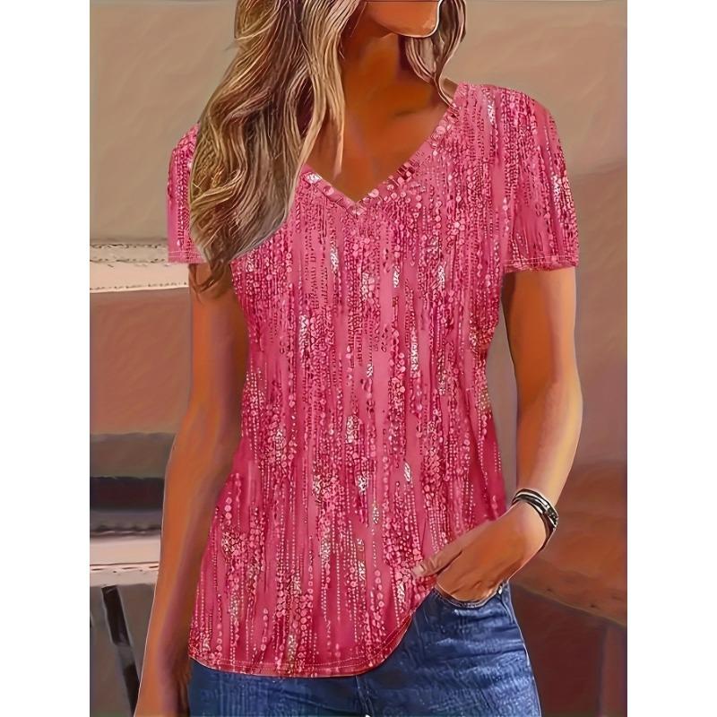 Spring and summer popular all-over printed V-neck T-shirt for women, loose slimming casual short-sleeved top, versatile and trendy