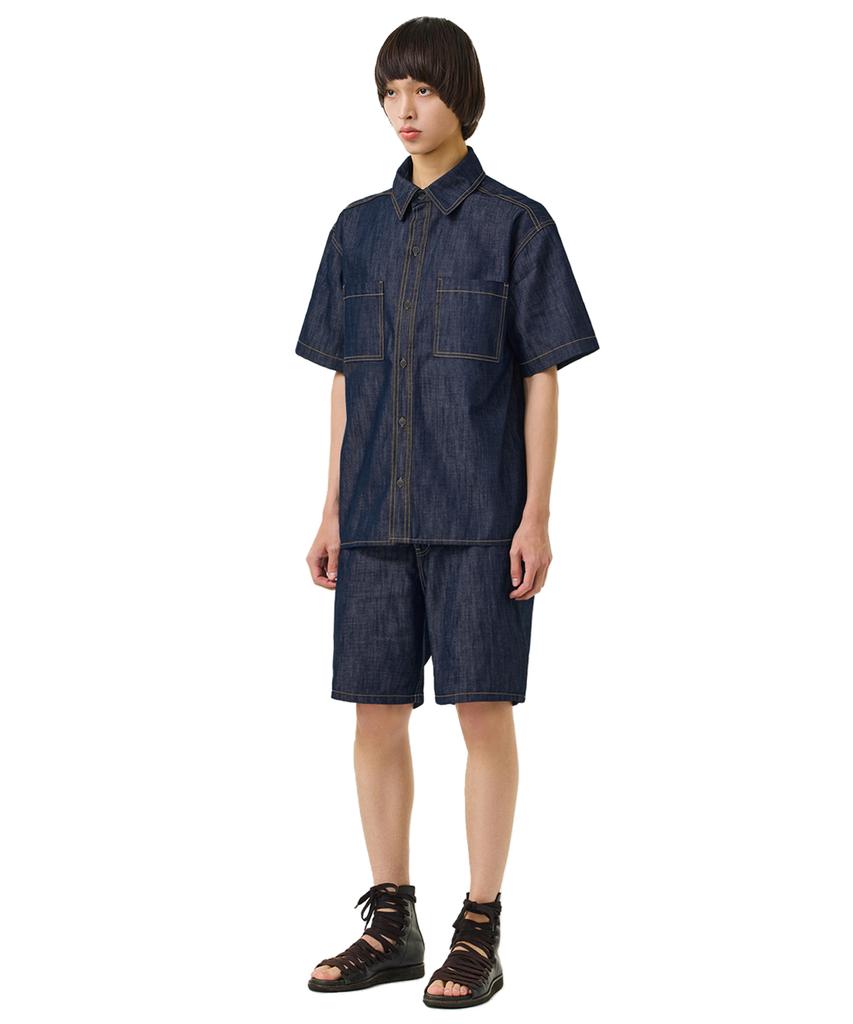 LAUGHER [Summer][Non-Fade] Two-Pocket Denim Work Shirt Short Sleeve - Deep Blue