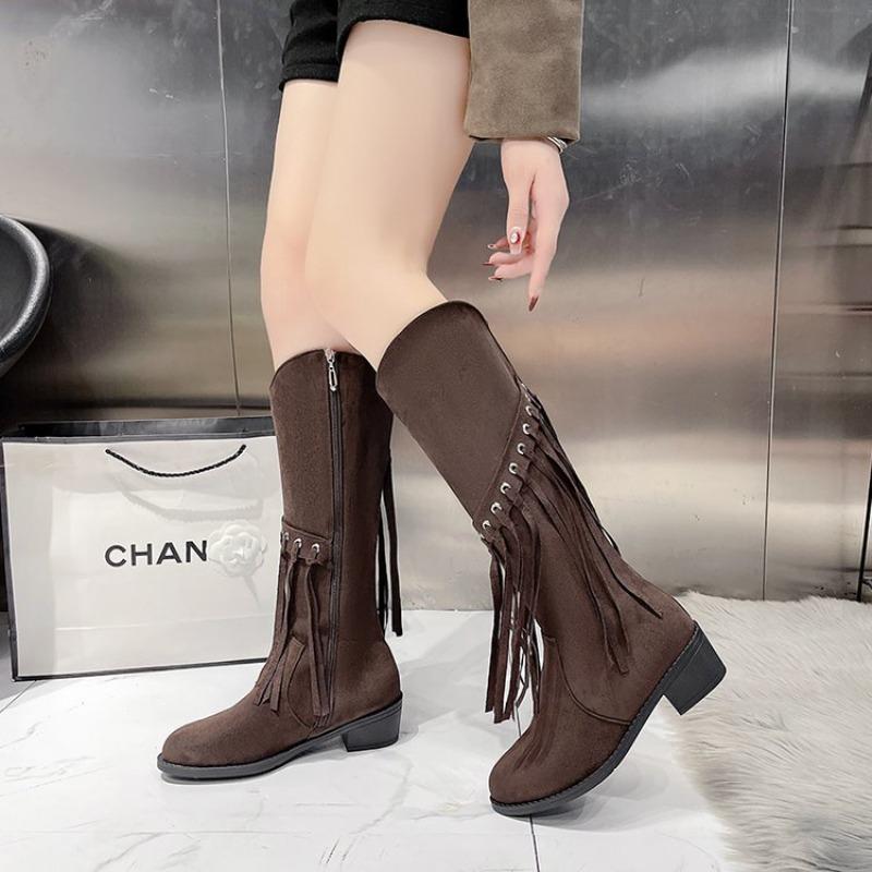 Women Boots Autumn/winter Plus Size 43 Knight Boots Tassel Retro New Style Rivet Belt Buckle Zipper Fashion Luxury Modern Boots