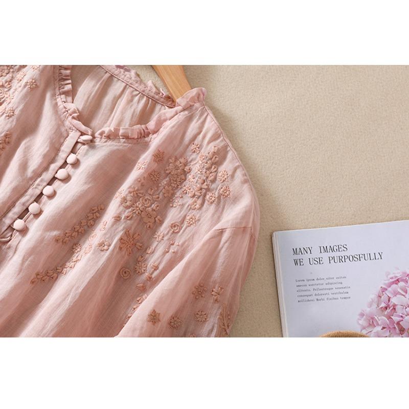 Summer Literary Loose Embroidered Flower V-neck Five-point Sleeve Shirt Women's Shirt Top