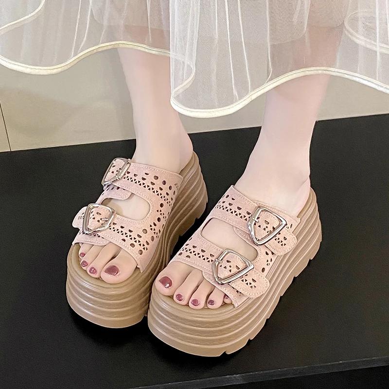 Fashion 8CM Trendy Streetlish Buckles Slippers for Women Nubuck Leather 2025 Summer Platform Shoes Ladies Comfort Fashion Slipper Woman