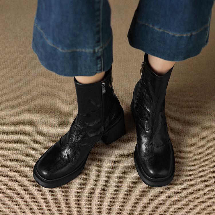 Giant Soft Inside and Outside Full Leather Square Heel Round Head Side Zipper Chelsea Boots Top Leather Retro Platform Short Boots Martin Boots