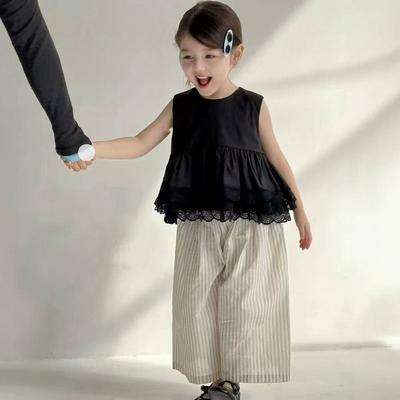 Girls' Summer Set Doll Shirt Sleeveless Lace Black Vest+ Striped Pants Girls' Clothing Sets