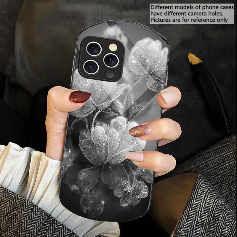 Pink Crystal Flower For iPhone 16 15 14 13 Plus 12 Mini 11 Pro Max XR Xs X 7 8 6 6S 2022 Elliptical Tempered Glass Phone Case