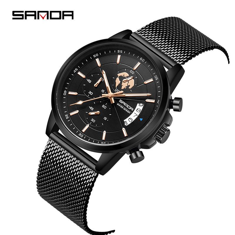 Sanda Men's Luminous Waterproof Quartz Watch with Three Subdials, Six Hands, and Calendar