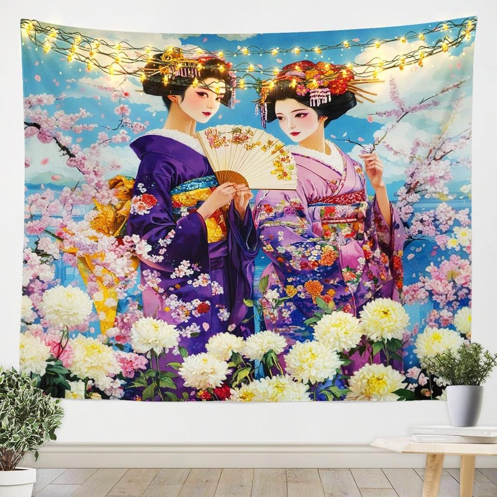 Geisha TapestriesJapanese Kimono MtFuji Tapestry For BedroomRomantic Pink Cherry Blossom Wall Tapestry For Girls WomenRed