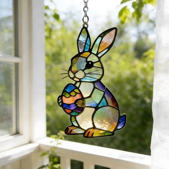 Osterhase Acryl Sonnenfänger Ornament im Buntglas-Stil Bunte Fensterhänge-Dekoration für Ostern Geburtstag Frühling Garten Hausdekor Geschenk
