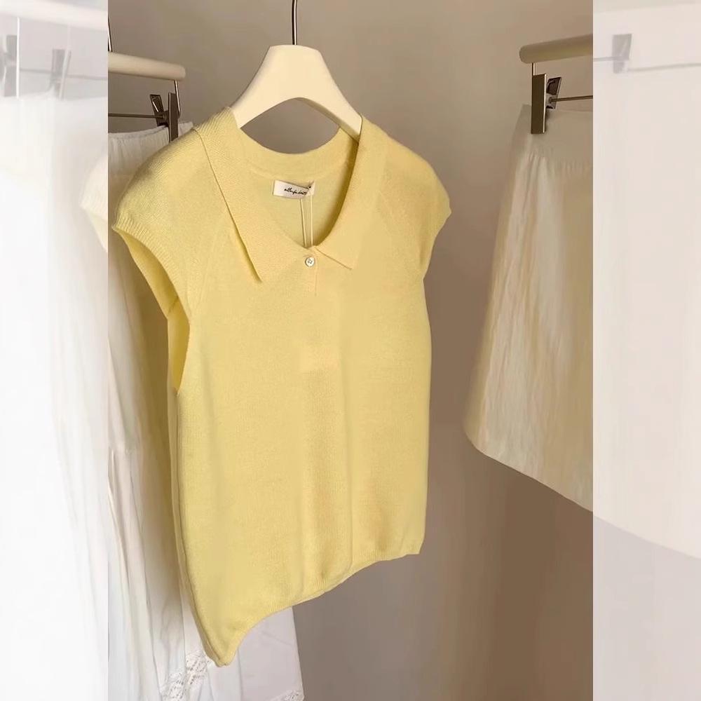 Women's 2025 Summer French Puff Sleeve Ice Silk Knitted Top with Turn-Down Collar