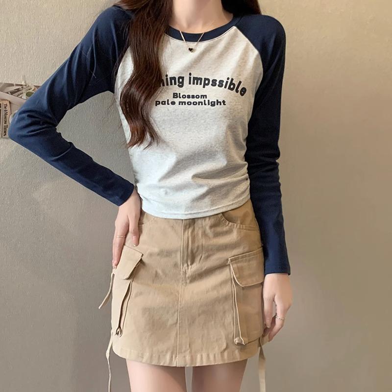 

Осень 2024 года, новый стиль, футболка с длинными рукавами и правым плечом, женская, с завязками по бокам, с круглым вырезом, контрастным принтом, снизу вверх XL