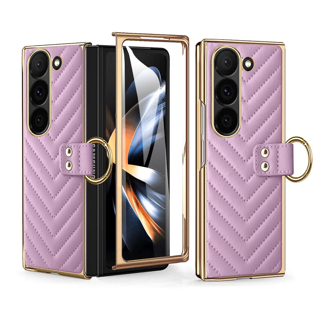 Luxury PU Leather Phone Case for Samsung Galaxy Z Fold 8 Ultra 7/6/5/4/3 with Tempered Glass, Finger Ring -Z Fold 8 Ultra Design