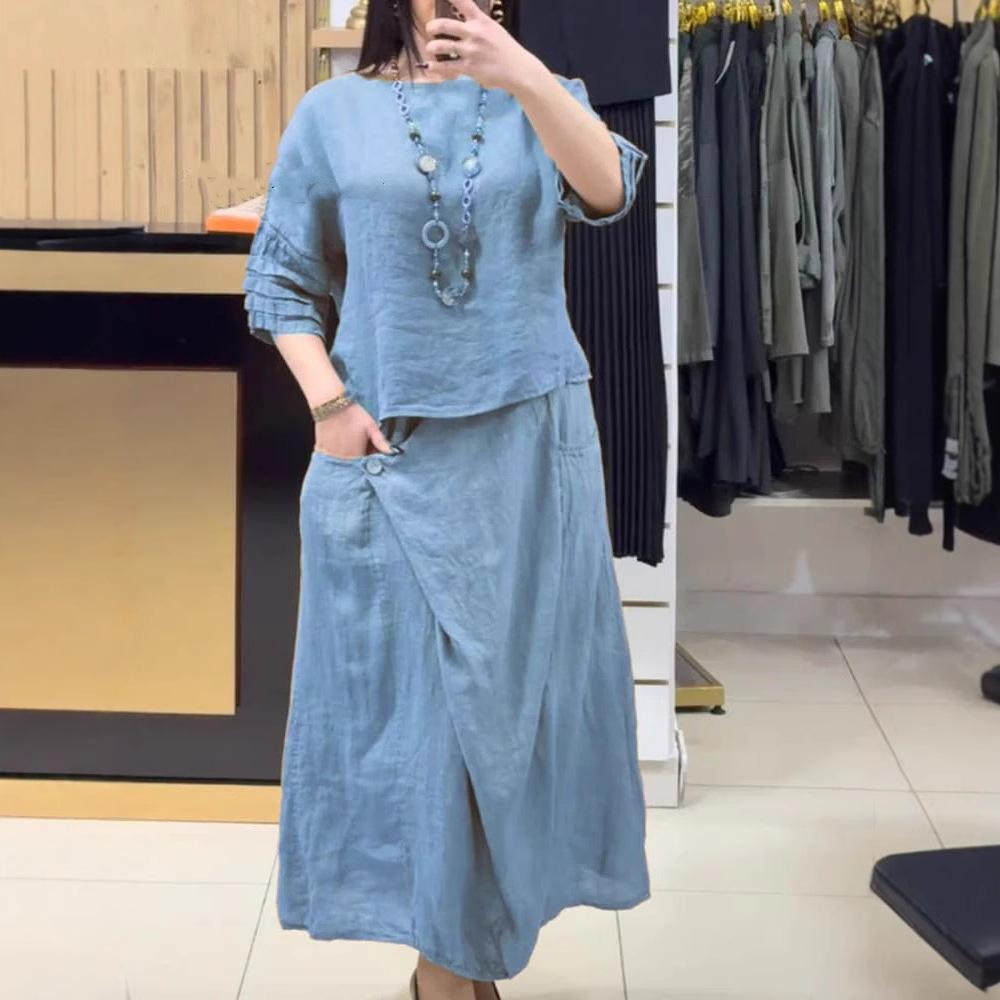 Women's Round Neck Solid Color Casual Cotton Linen 3/4 Sleeve Top and Pants Set