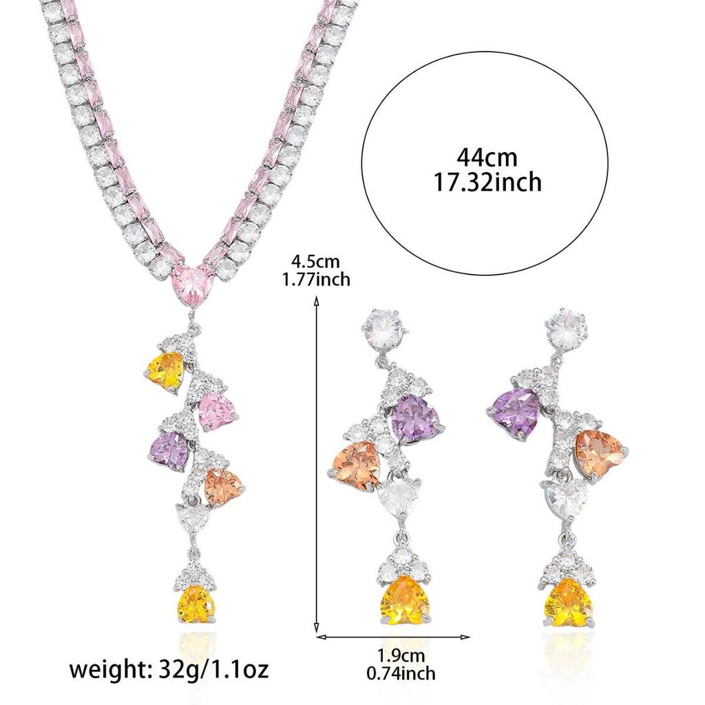 Set Fashion Trend Zircon Earrings & Colorful Heart Necklace with Fresh Flowing Jewelry Chain