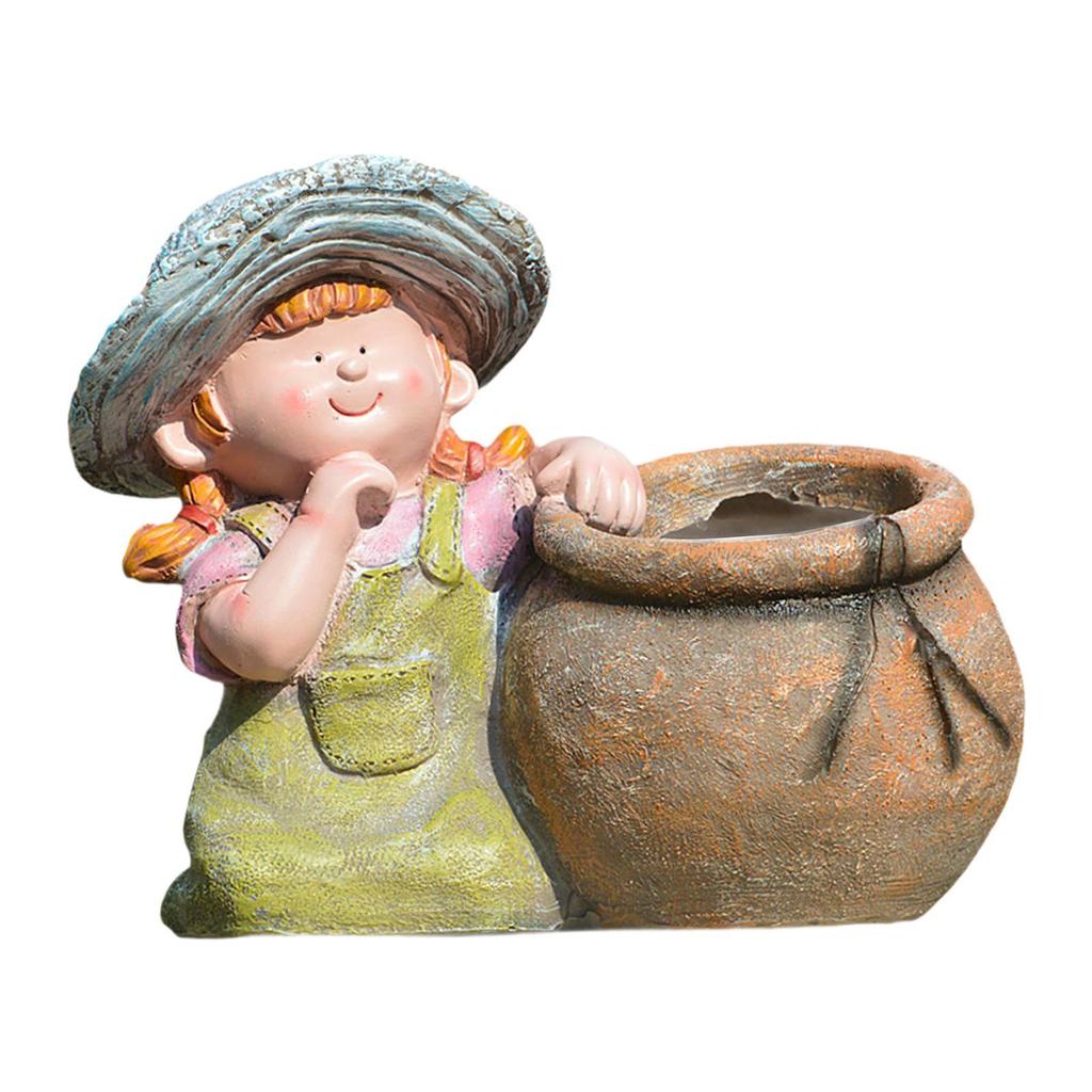 Flower Pot Statue Cute Creative Resin Plant Pot Decorative Figurine Desktop Ornament for Table Office Bookshelf Windowsill Patio