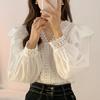 Women's French Style Shirt with Lace and Lace V-neck Patchwork Ruffle Edge Loose Casual Bubble Sleeve Shirt