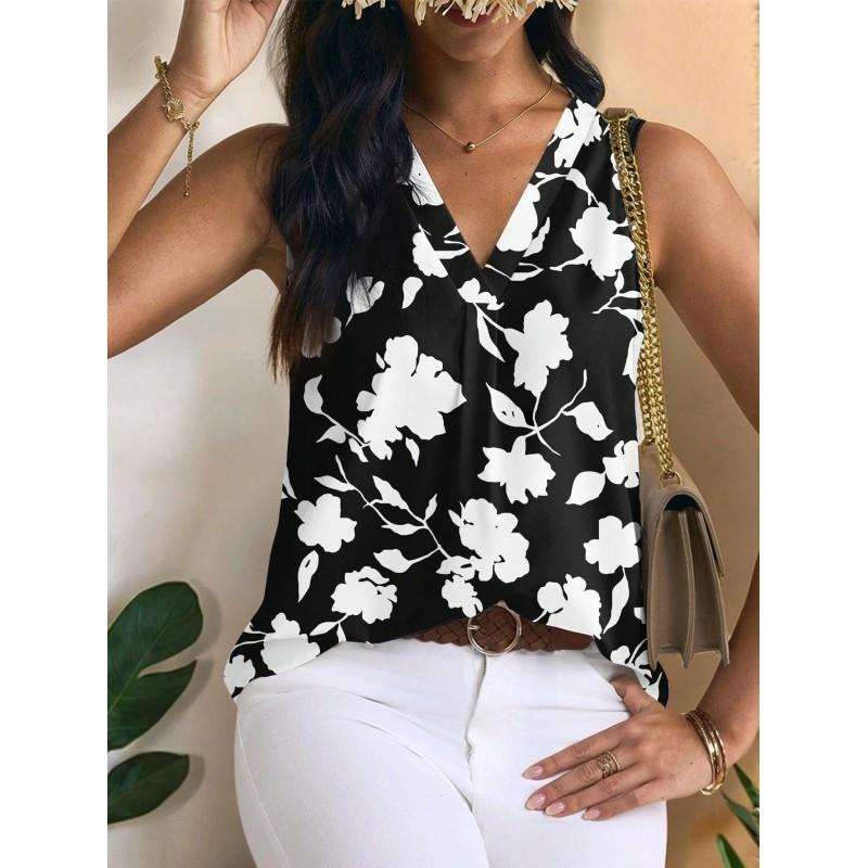 Womens Vintage Floral Print Sleeveless V-Neck Top Comfortable Casual Blouse Soft Cotton-Like Fabric 2025