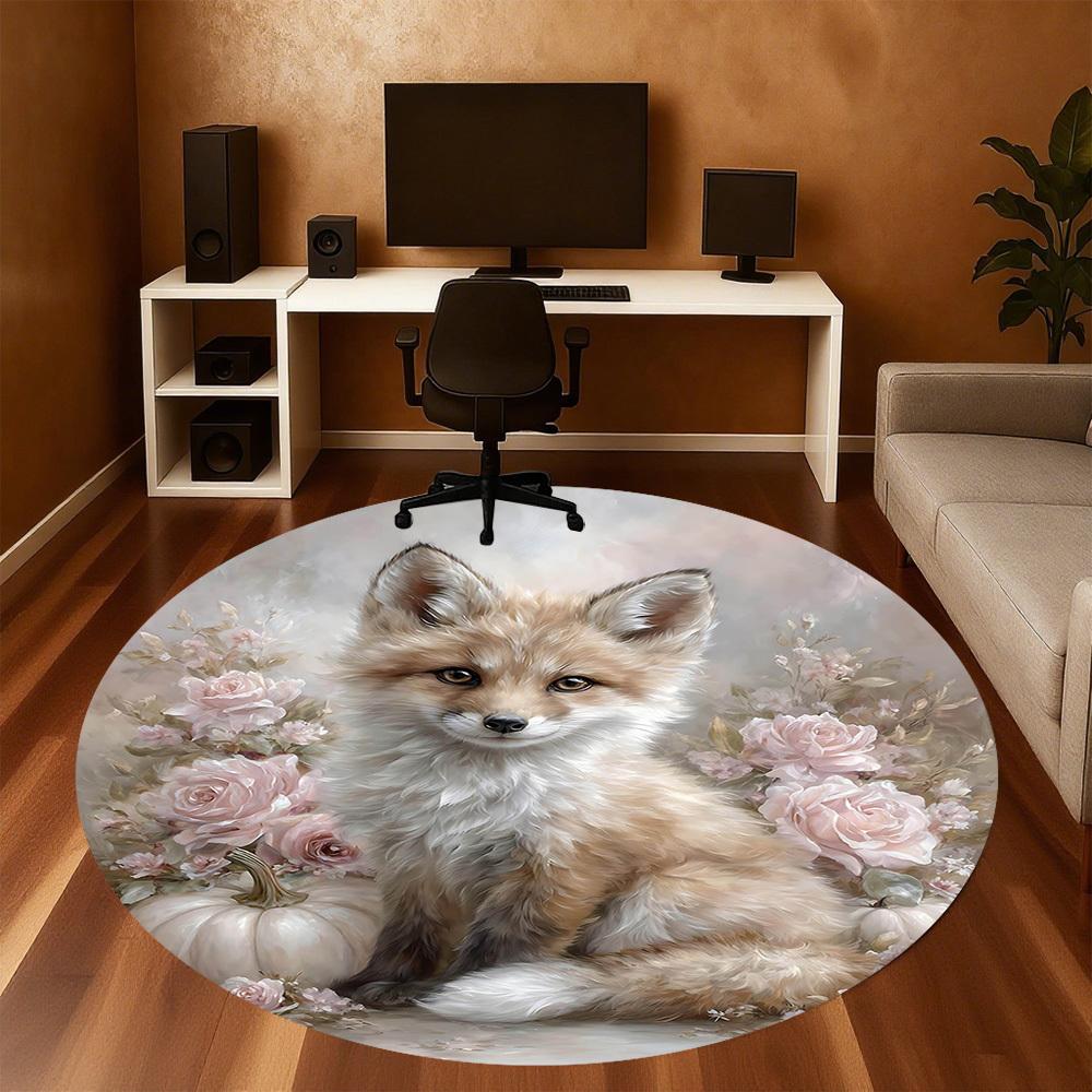 1pc Fox Flowers Round Chair Mat Area Rug - Non-Slip, Floor Mat for Office, Bedroom, and Indoor Decor-1002323