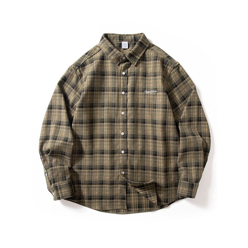 Plaid Shirt Men's Long-Sleeved Spring and Autumn Trendy Vintage American Retro Casual Loose Brushed Flannel Shirt Jacket