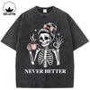 Never Better Coffee Skulls Printed Washed Holes T-Shirt Woman Trendy Cotton Streetwear O-Neck Summer T Shirt Clothes