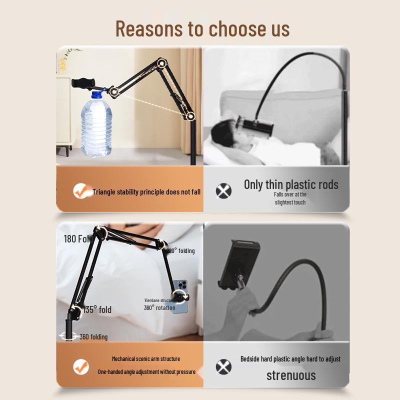 Height-Adjustable Floor Tablet & Phone Stand with Cross-Bed Headboard Mount for Live Streaming