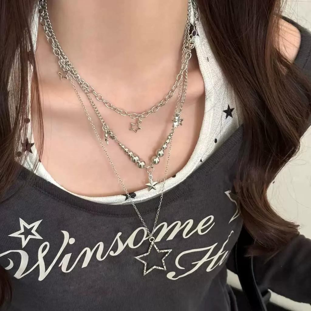 Trendy Y2K Star Pendant Necklace Set Vintage Goth Simple Multi Layered Metal Chain Necklaces Women Charm Statement Jewelry Gifts