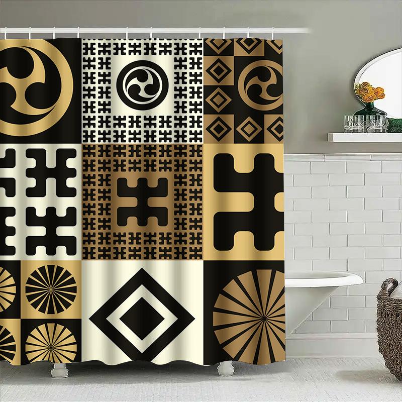 Retro Geometric Puzzle Pattern Shower Curtain For Bathroom Decor Black Gold 3D Design Waterproof Fabric Size: W72 X L84 Inches