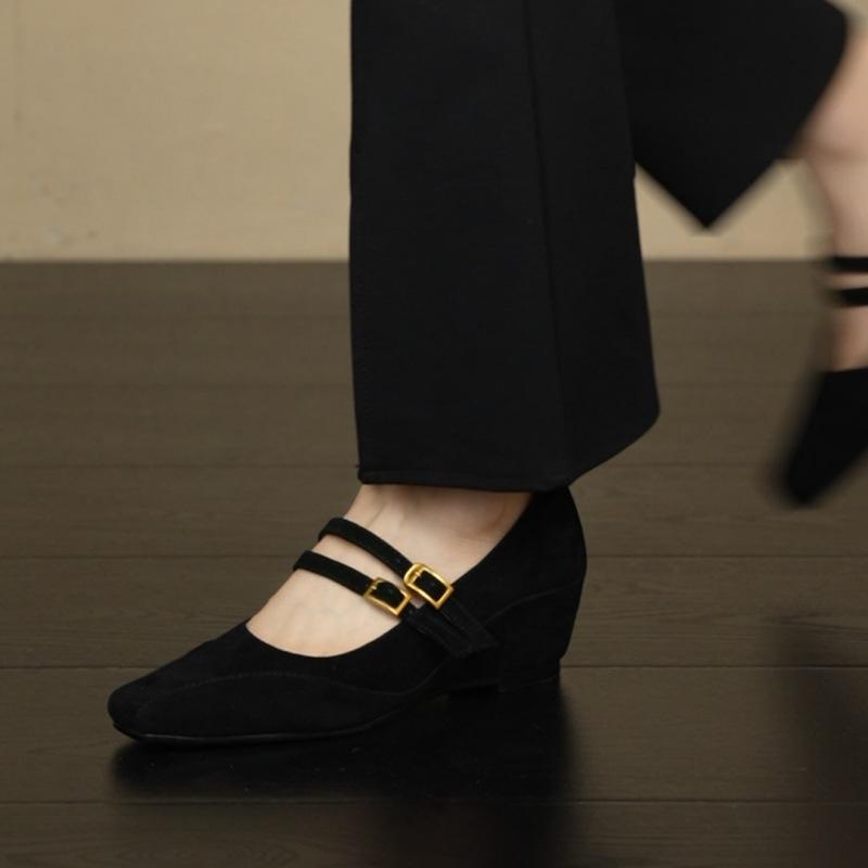 2025 Autumn New 5.5cm Inner Height Increase Slope Heel Square Head Shallow Mouth Double Breasted Buckle with Matte Mary Jane Single Shoes Women